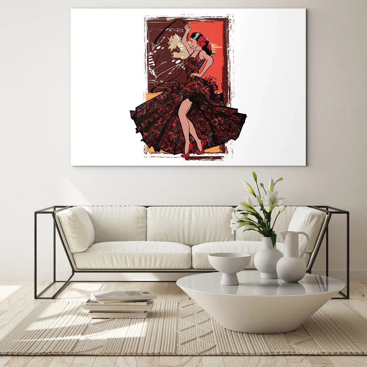 Obraz na skle - Flamenco tanečnice v elegantních červenočerných šatech - 70x50cm - V rytmu srdce - Moderní nástěnná dekorace do obývacího pokoje a ložnice ARTTOR