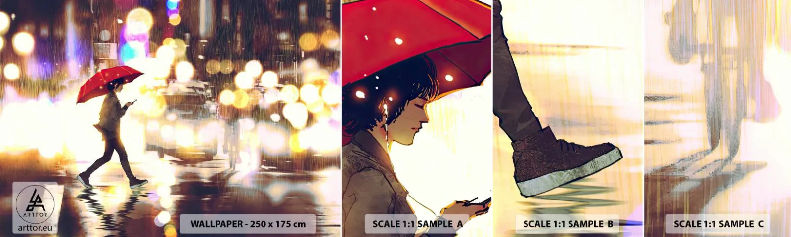 Vzor Fototapety Samolepicí Deluxe Sticker - A přece slunečná - Město, Procházka v dešti, Deštník - 100x30 cm