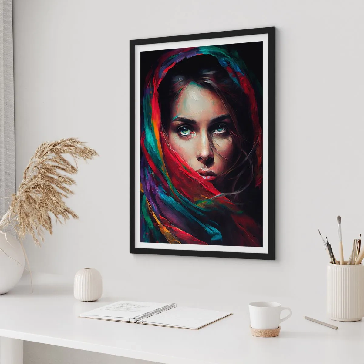 Plakát v černém rámu - Portrét ženy v barevném šátku - 50x70cm - Zelenooké tajemství - Moderní nástěnná dekorace do obývacího pokoje a ložnice ARTTOR