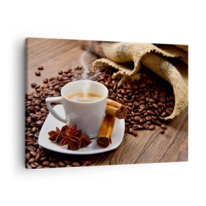 Obraz na plátně - Šálek kávy se skořicí a anýzem na pozadí kávových zrn - 70x50cm - Pikantní chuť a aroma - Moderní nástěnná dekorace do obývacího pokoje a ložnice ARTTOR