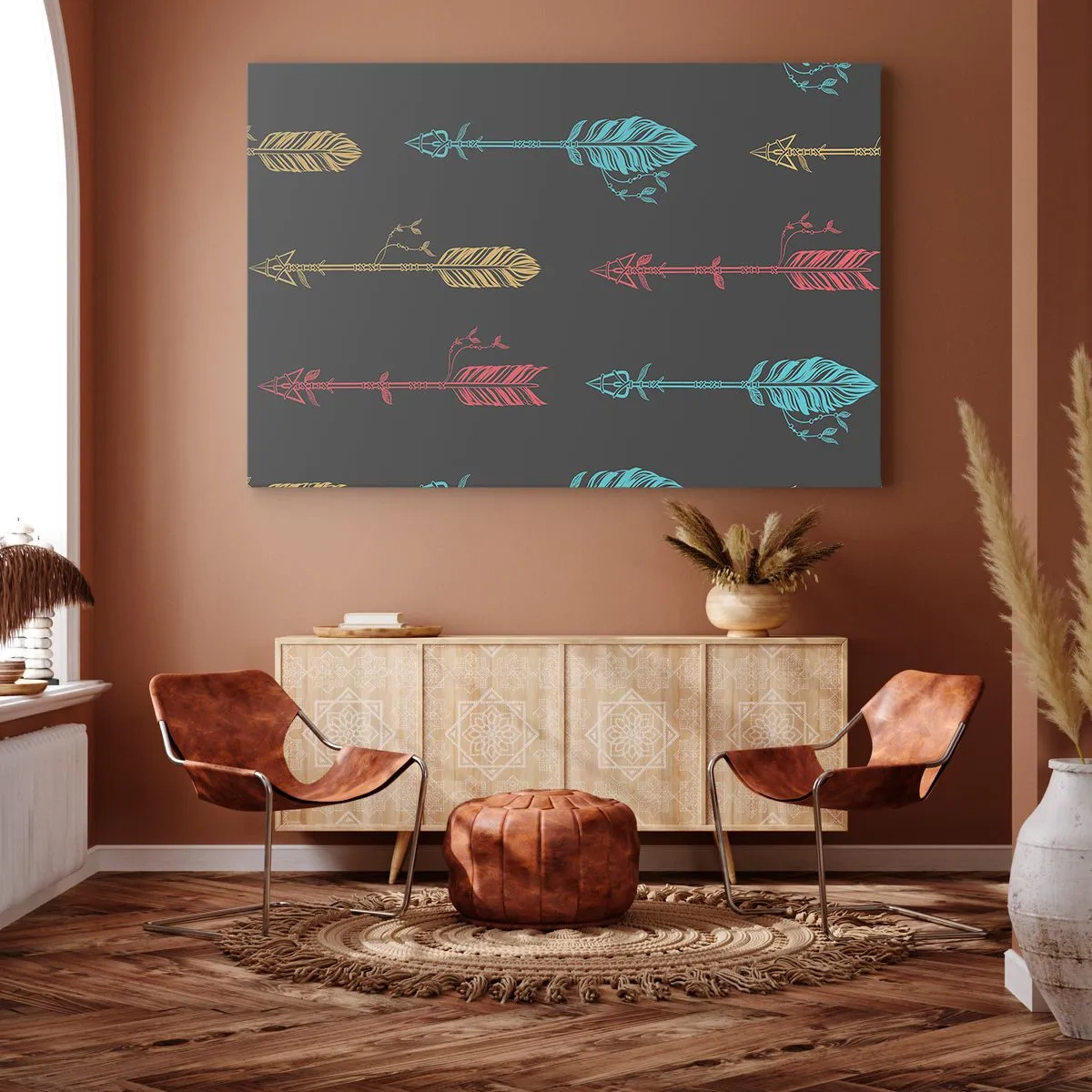 Obraz na plátně - Stylizovaný vzor se šipkami v pastelových barvách na tmavém pozadí - 70x50cm - V lati - Moderní nástěnná dekorace do obývacího pokoje a ložnice ARTTOR