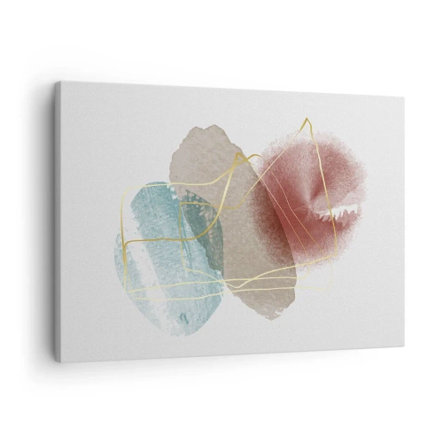 Obraz na plátně - Abstraktní tvary s jemnými barvami a zlatými liniemi - 70x50cm - Korálky prostoru - Moderní nástěnná dekorace do obývacího pokoje a ložnice ARTTOR