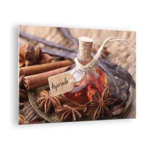 Obraz na skle - Láhev na olej a koření v ájurvédském stylu - 70x50cm - K jednotě těla a ducha - Moderní nástěnná dekorace do obývacího pokoje a ložnice ARTTOR