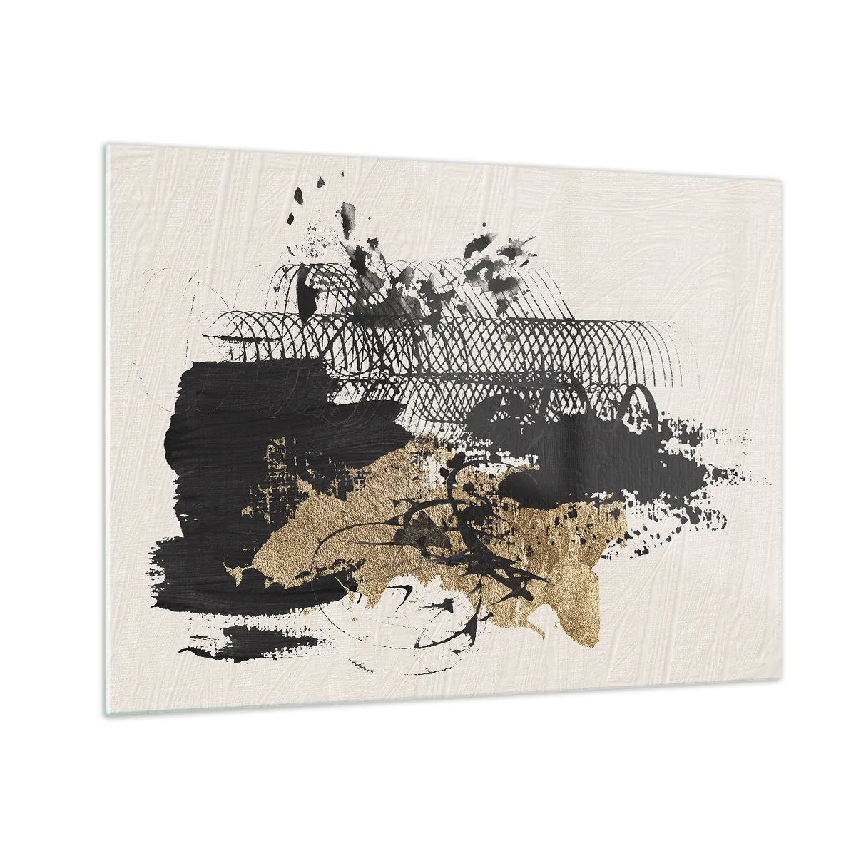 Obraz na skle - Abstraktní kompozice v černé a zlaté barvě na světlém pozadí - 70x50cm - Kompozice s vášní - Moderní nástěnná dekorace do obývacího pokoje a ložnice ARTTOR