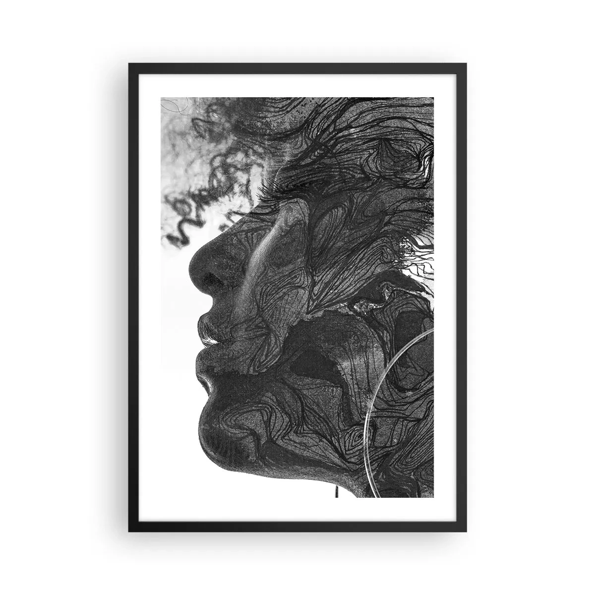 Plakát v černém rámu - Profil ženské tváře s abstraktními vzory a detaily - 50x70cm - Zapletená ve snech - Moderní nástěnná dekorace do obývacího pokoje a ložnice ARTTOR