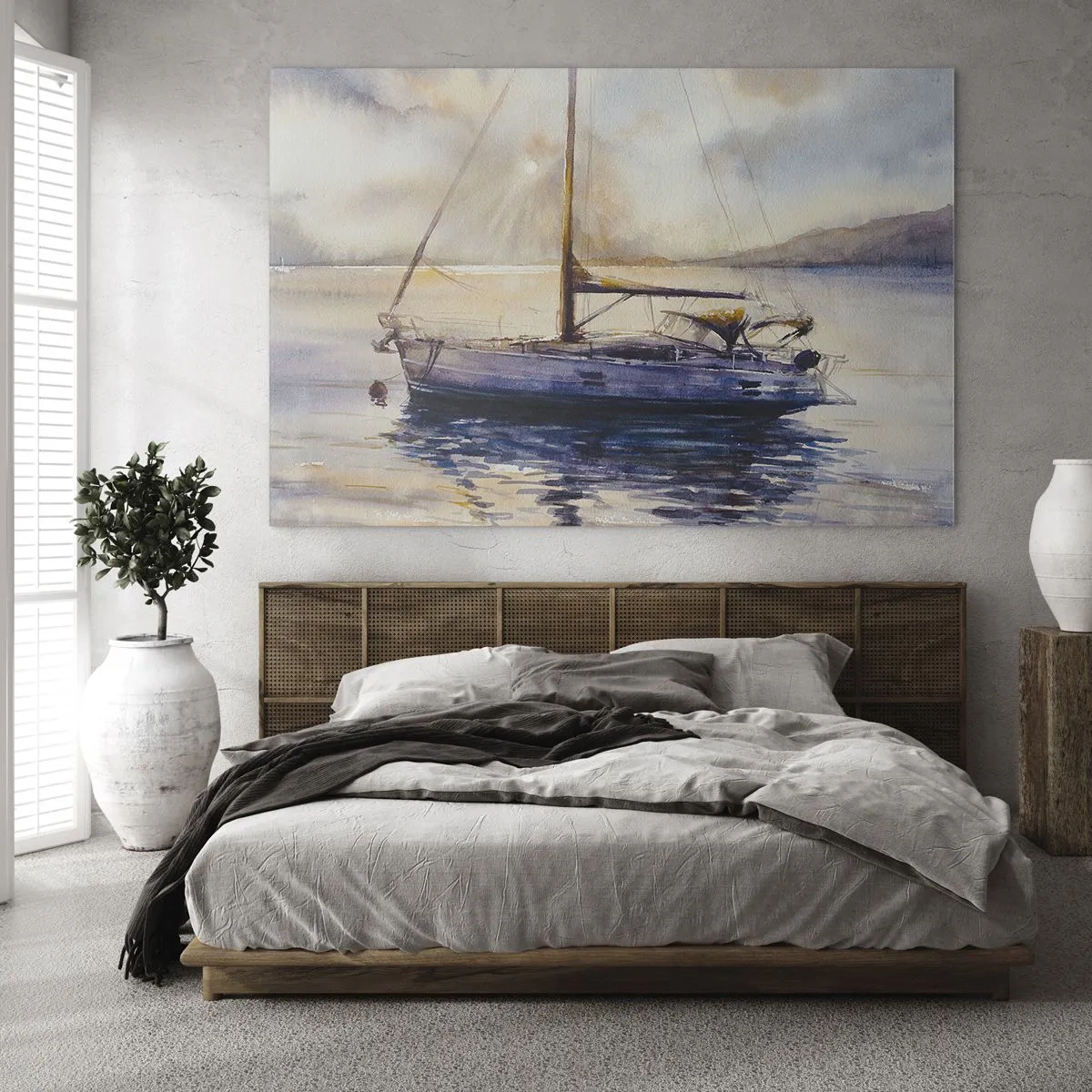 Obraz na skle - Jachta kotvící v klidné zátoce za soumraku - 70x50cm - Večer v zátoce - Moderní nástěnná dekorace do obývacího pokoje a ložnice ARTTOR