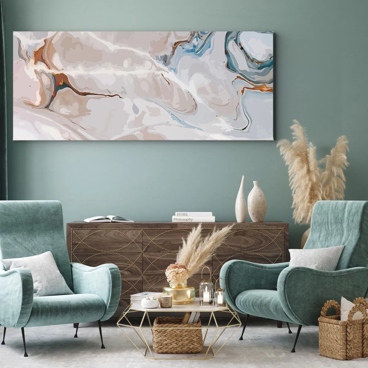 Obraz na plátně - Modré meandry pod bílou - 100x40 cm