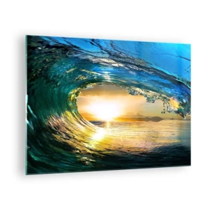 Obraz na skle - Mořská vlna zachycená ve světle zapadajícího slunce - 70x50cm - Ve smaragdově-zlatém křišťálu - Moderní nástěnná dekorace do obývacího pokoje a ložnice ARTTOR