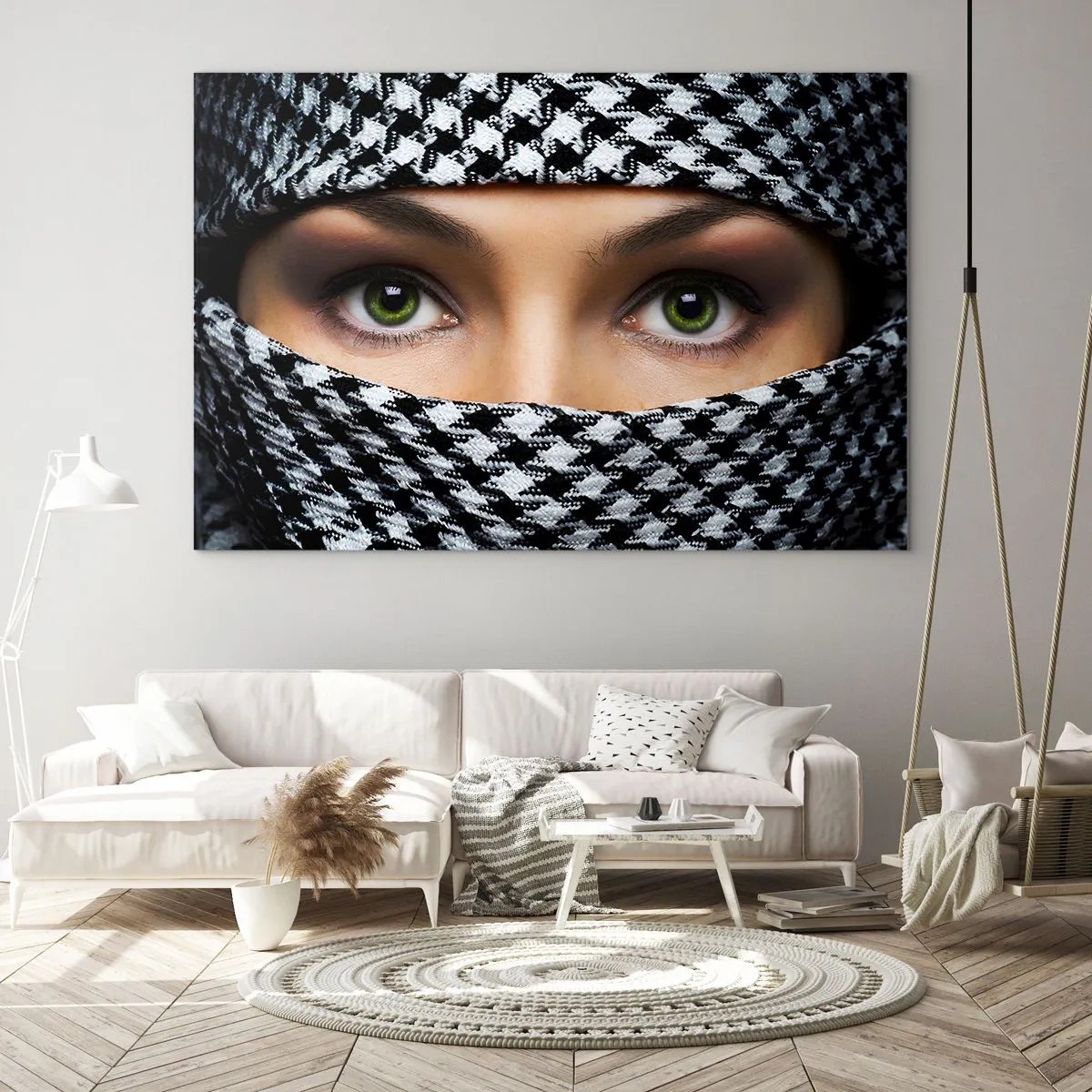 Obraz na skle - Zelené oči obklopené černobílým vzorem - 70x50cm - Portrét zahalené zelenooké krásky - Moderní nástěnná dekorace do obývacího pokoje a ložnice ARTTOR