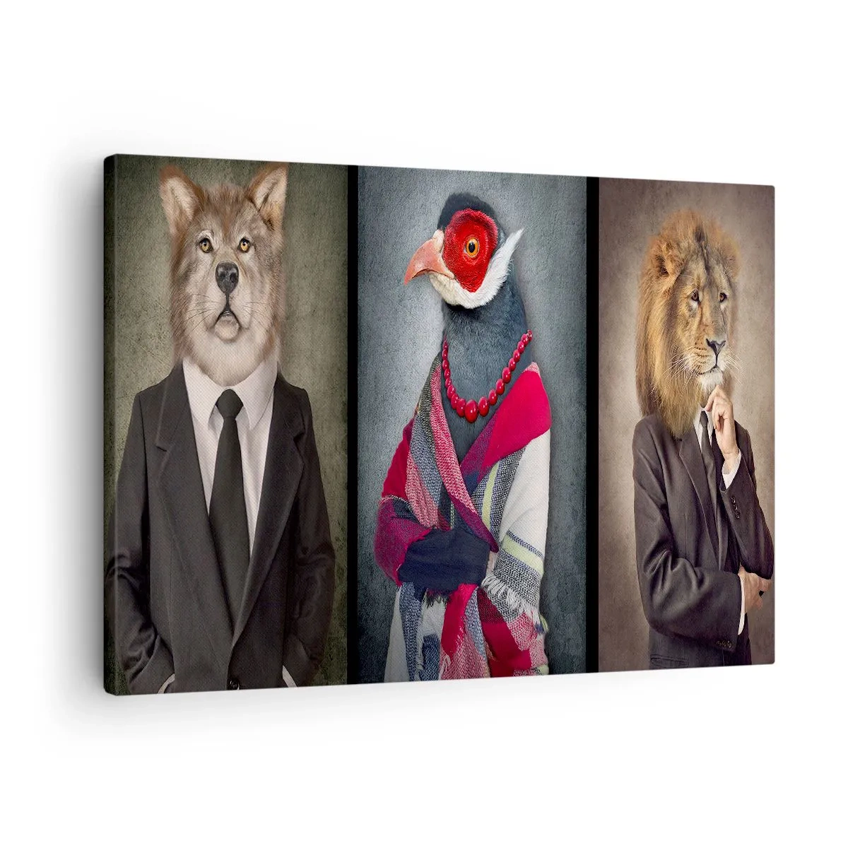 Obraz na plátně - Stylizované portréty vlka, bažanta a lva v elegantním oblečení - 70x50cm - Co tady dělám?! - Moderní nástěnná dekorace do obývacího pokoje a ložnice ARTTOR
