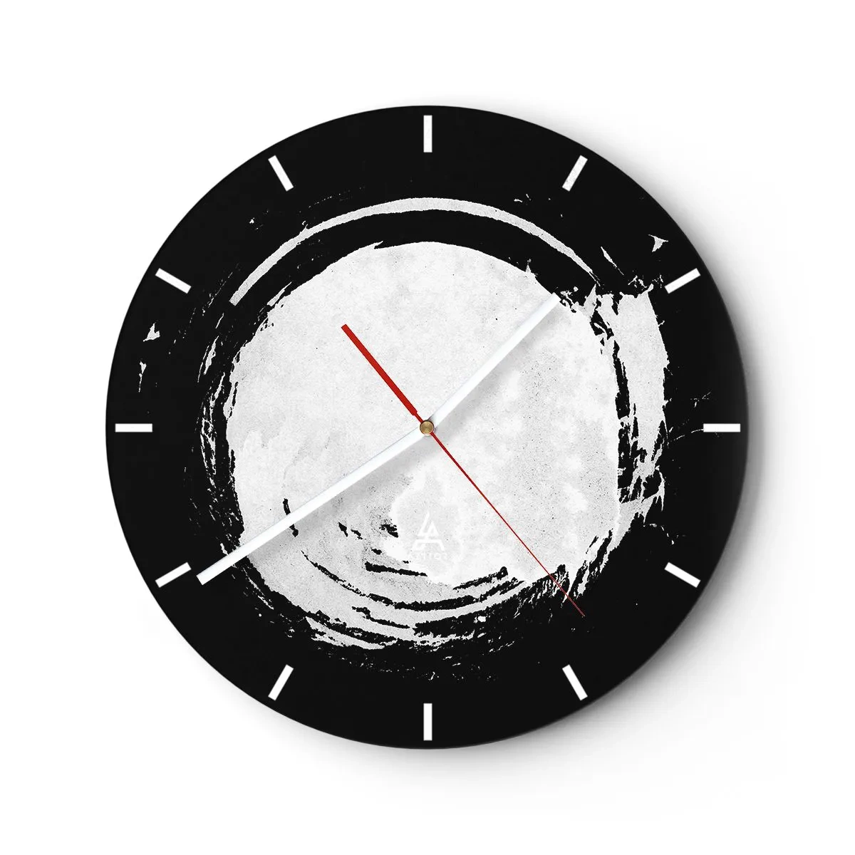 Nástěnné hodiny - Bílý kruh štětce na černém pozadí v zenovém stylu - 30x30cm - Správné řešení - Moderní nástěnná dekorace do obývacího pokoje, kuchyně a ložnice ARTTOR