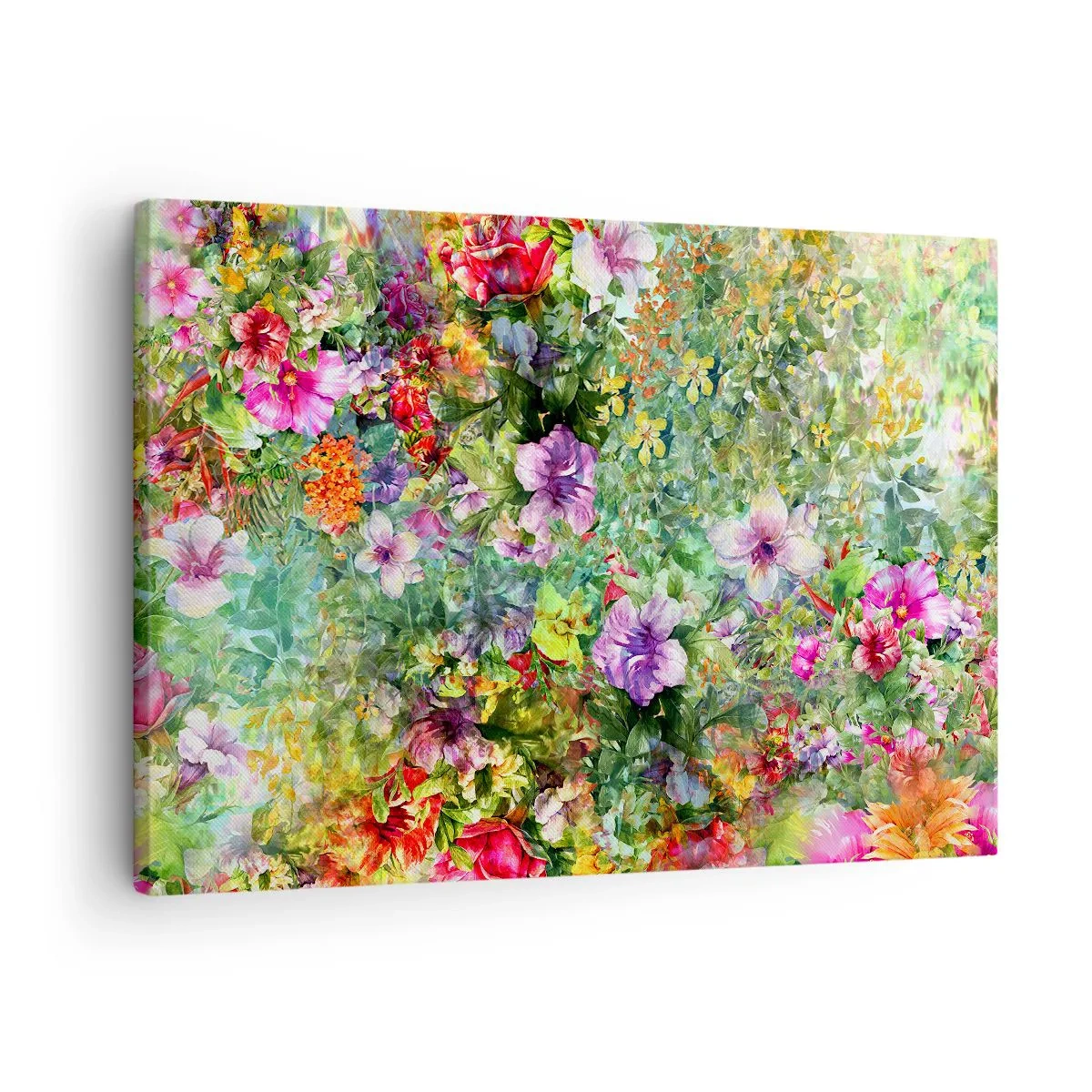 Obraz na plátně - Barevné květinové aranžmá na zeleném pozadí - 70x50cm - Do květů, k záhubě - Moderní nástěnná dekorace do obývacího pokoje a ložnice ARTTOR