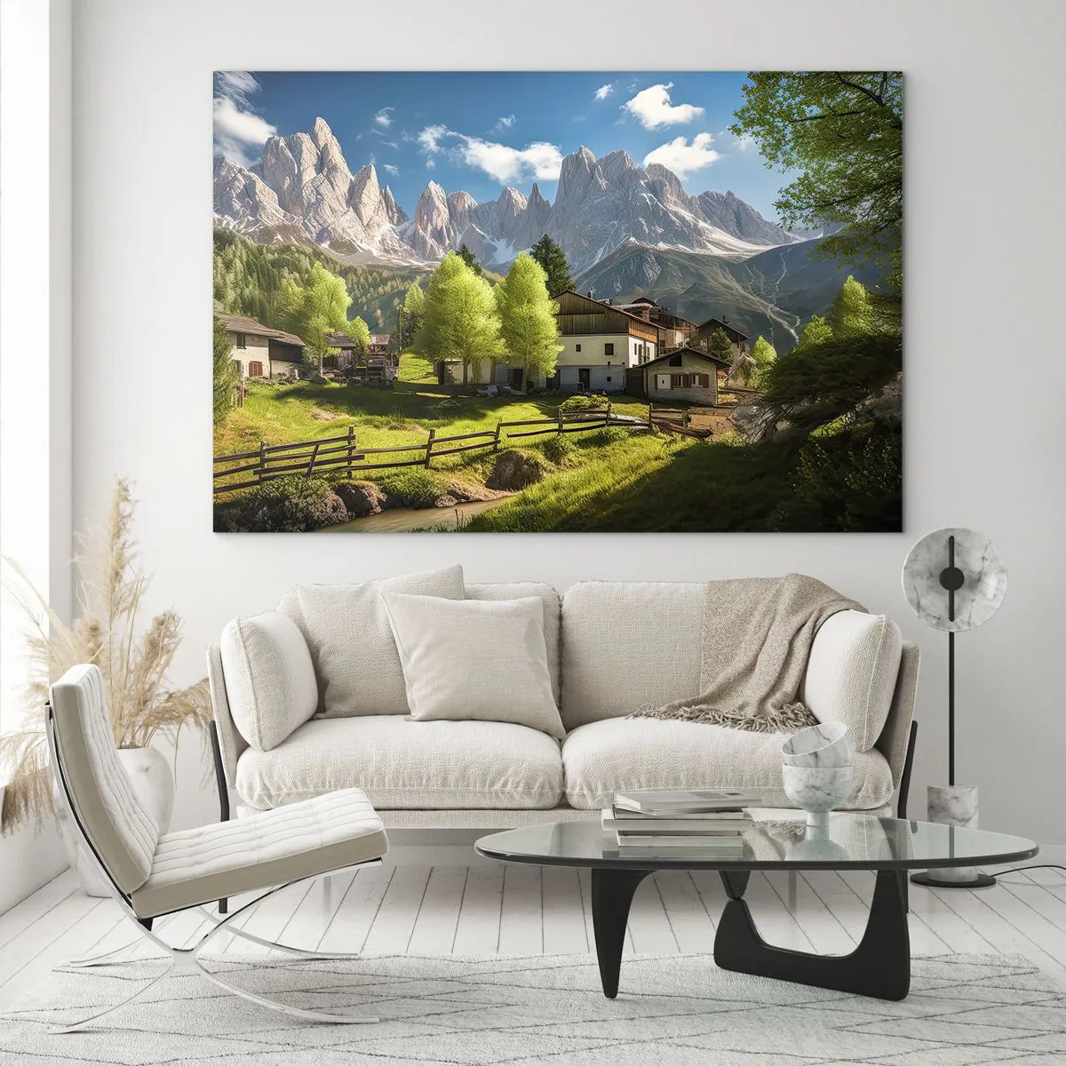 Obraz na skle - Rozvoj venkova uprostřed zeleně na úpatí alpských vrcholů - 70x50cm - Alpská idyla - Moderní nástěnná dekorace do obývacího pokoje a ložnice ARTTOR
