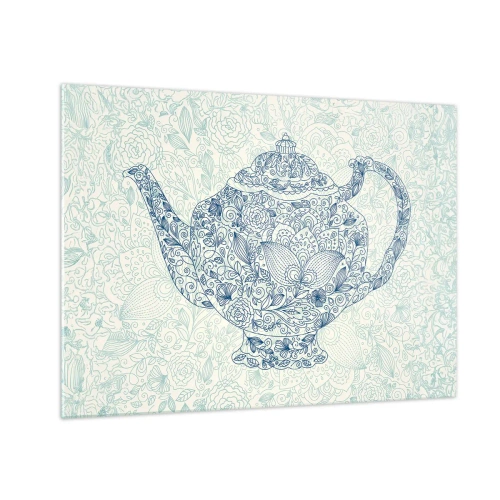 Obraz na skle - Květinová konvice ve vintage stylu - 70x50cm - Čajové kouzlo - Moderní nástěnná dekorace do obývacího pokoje a ložnice ARTTOR