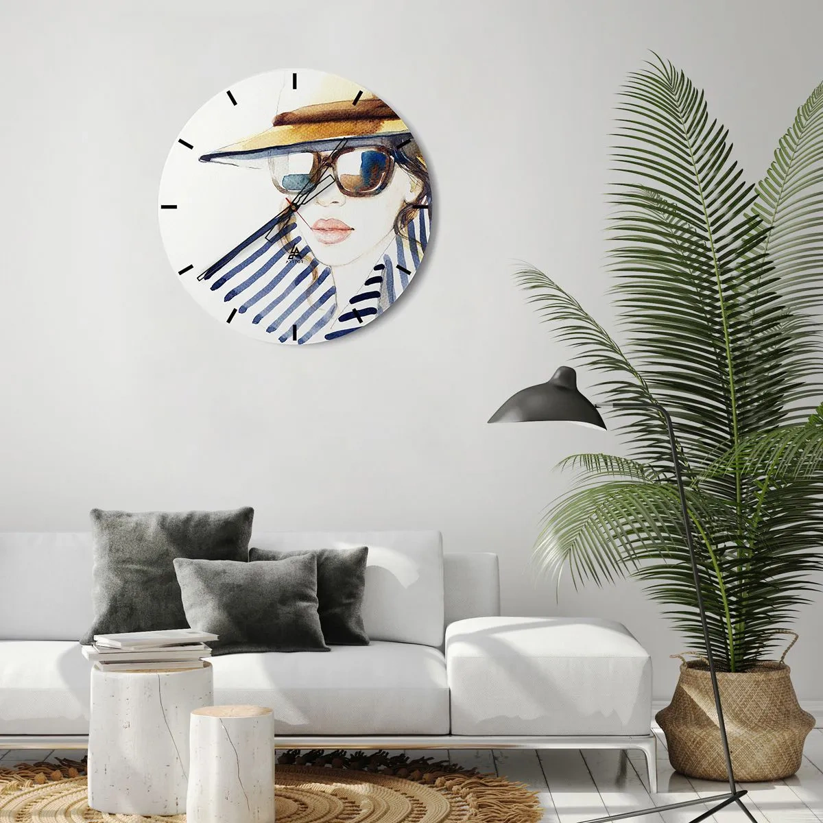 Nástěnné hodiny - Stylová žena v klobouku a slunečních brýlích - 30x30cm - Florida vítá! - Moderní nástěnná dekorace do obývacího pokoje, kuchyně a ložnice ARTTOR