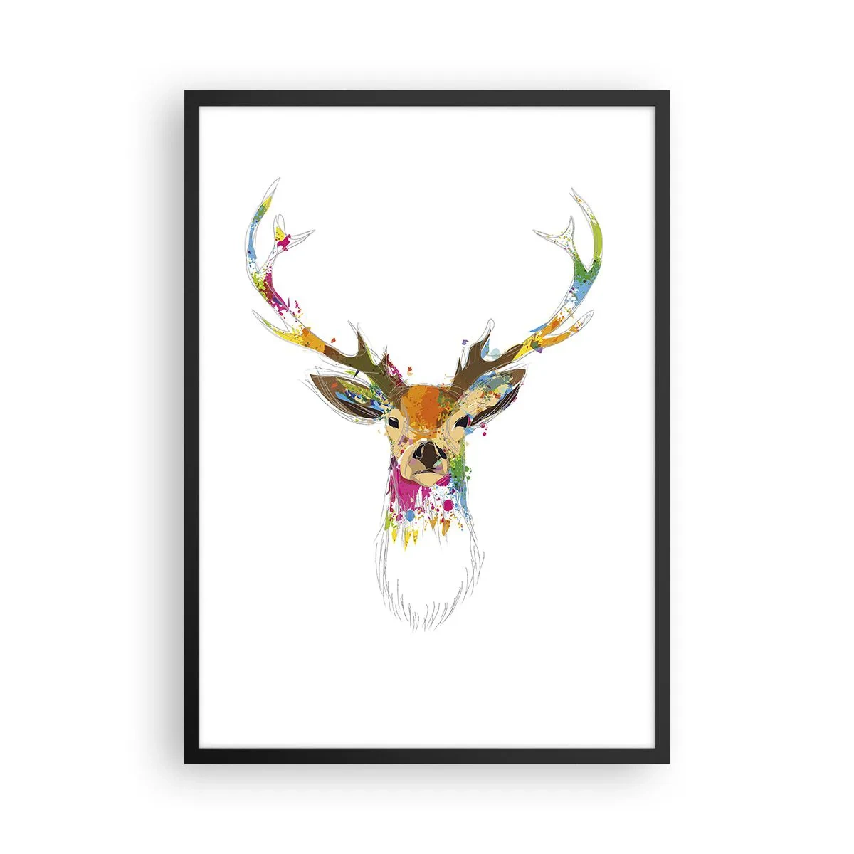 Plakát v černém rámu - Barevný jelen v abstraktním stylu na bílém pozadí - 50x70cm - Líbezný jelínek vykoupaný v barvě - Moderní nástěnná dekorace do obývacího pokoje a ložnice ARTTOR