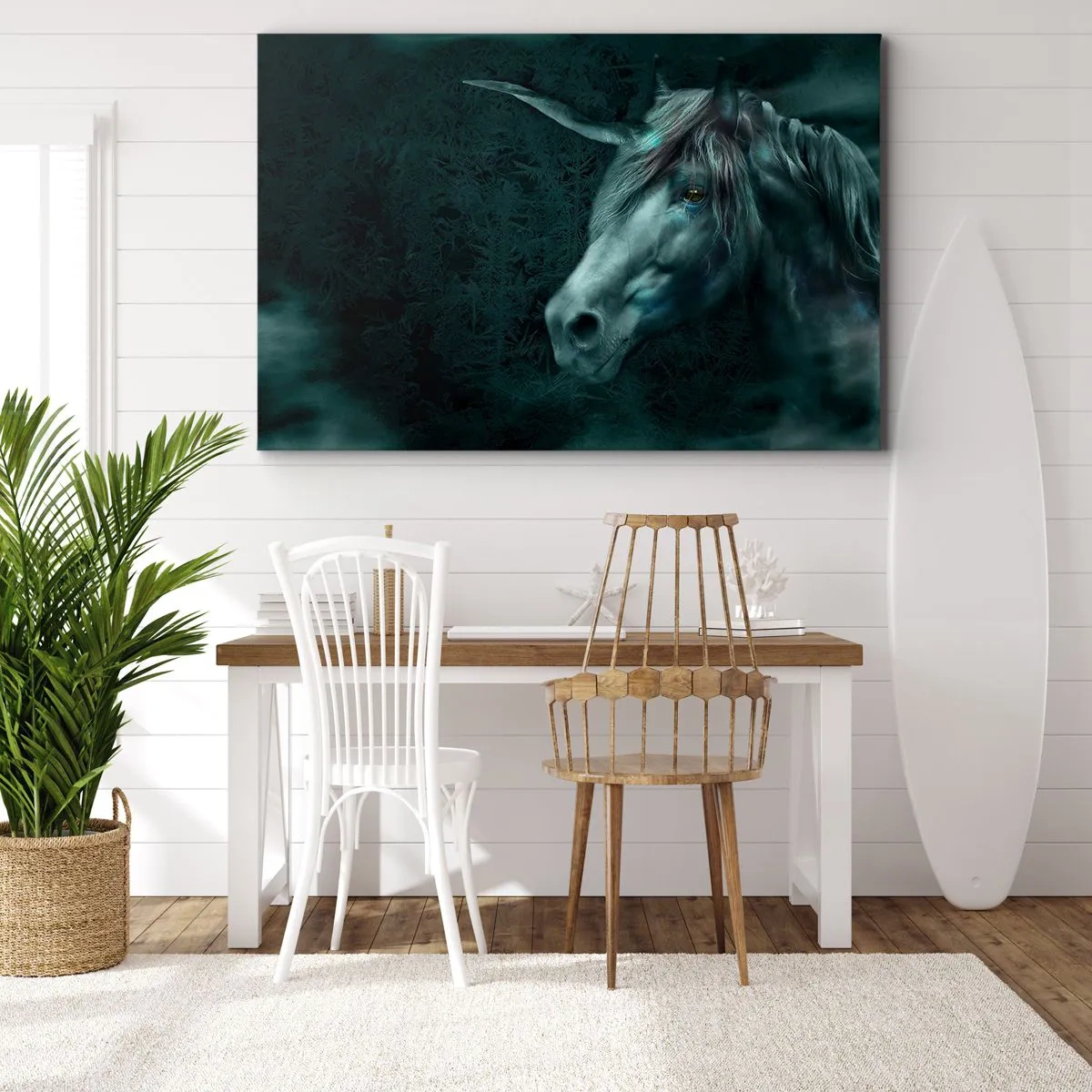 Obraz na plátně - Kouzelný jednorožec v tajemném, temném lese s fantasy barvami. - 70x50cm - V pohádkovém lese - Moderní nástěnná dekorace do obývacího pokoje a ložnice ARTTOR