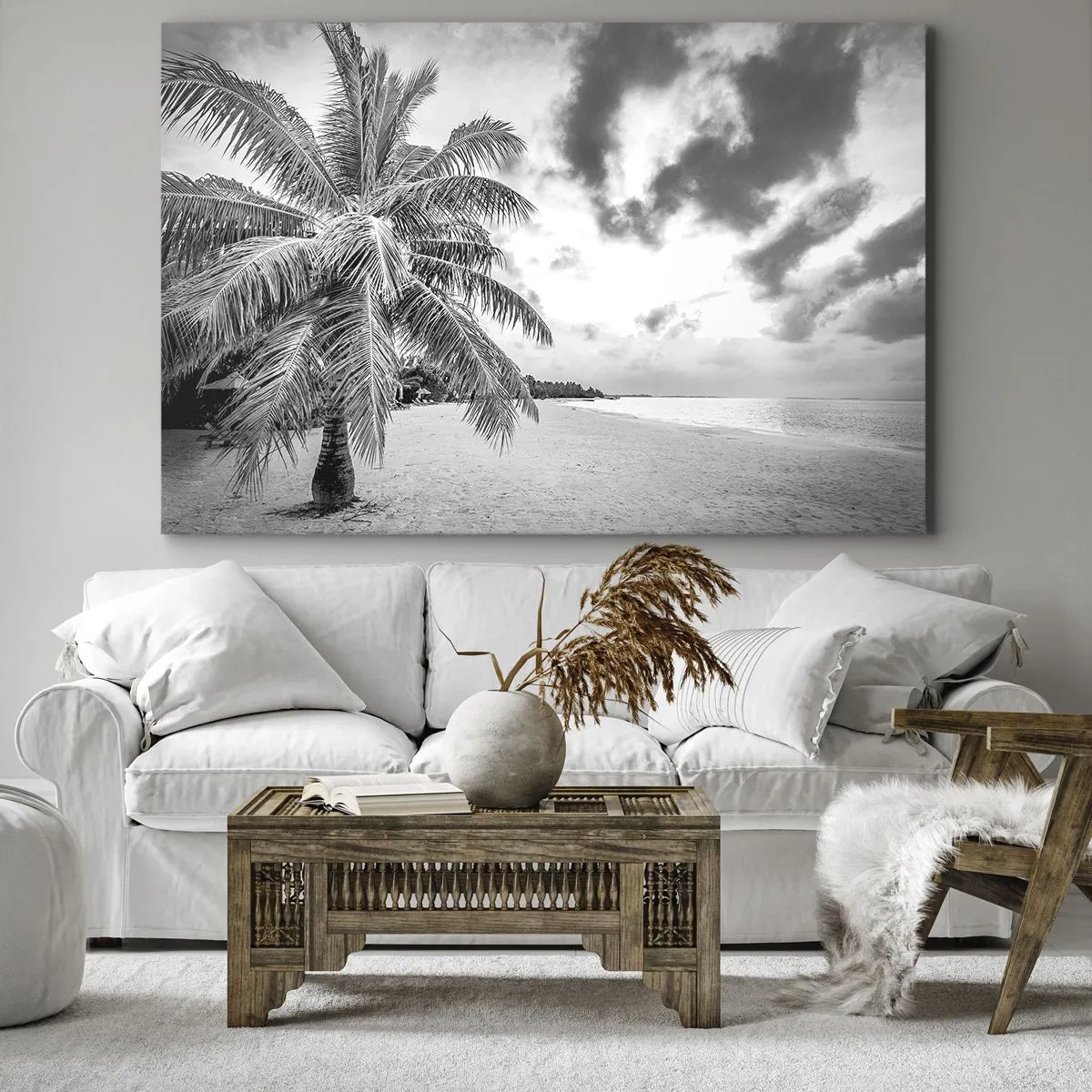 Obraz na plátně - Černá a bílá palma na prázdné pláži s mraky - 70x50cm - Když toužíš po samotě…. - Moderní nástěnná dekorace do obývacího pokoje a ložnice ARTTOR