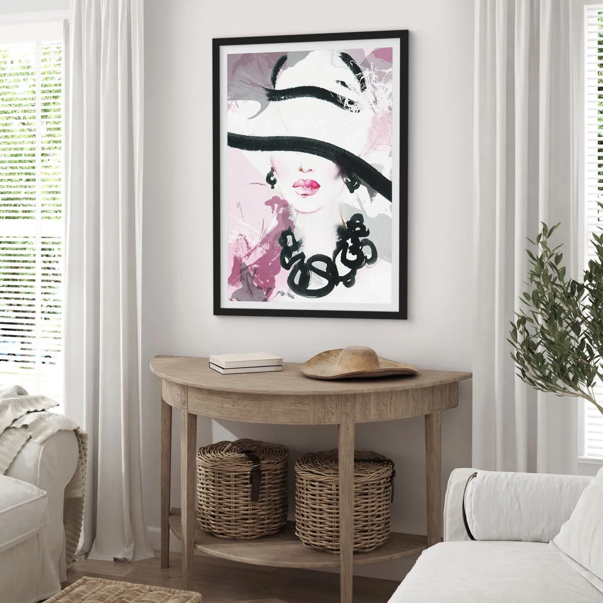 Plakát v černém rámu - Elegantní ilustrace ženské tváře v odstínech růžové a černé. - 50x70cm - Portrét dámy v černé a růžové - Moderní nástěnná dekorace do obývacího pokoje a ložnice ARTTOR