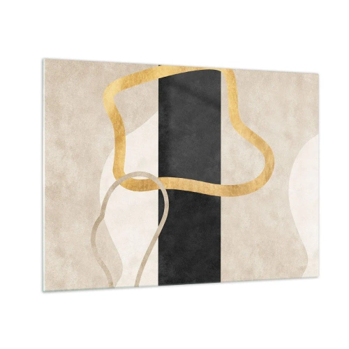 Obraz na skle - Zlaté a béžové čáry tvořící smyčky na černém pruhovaném pozadí. - 70x50cm - Tvary ve smyčce - Moderní nástěnná dekorace do obývacího pokoje a ložnice ARTTOR