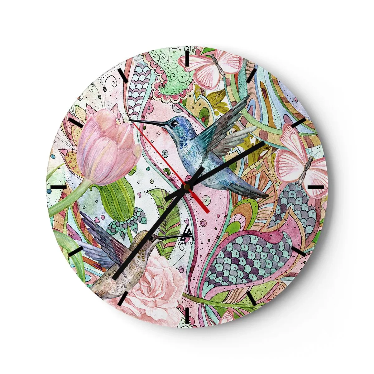 Nástěnné hodiny - Barevné kolibříky a květiny na pozadí uměleckých vzorů - 30x30cm - Zamotané do lián - Moderní nástěnná dekorace do obývacího pokoje, kuchyně a ložnice ARTTOR