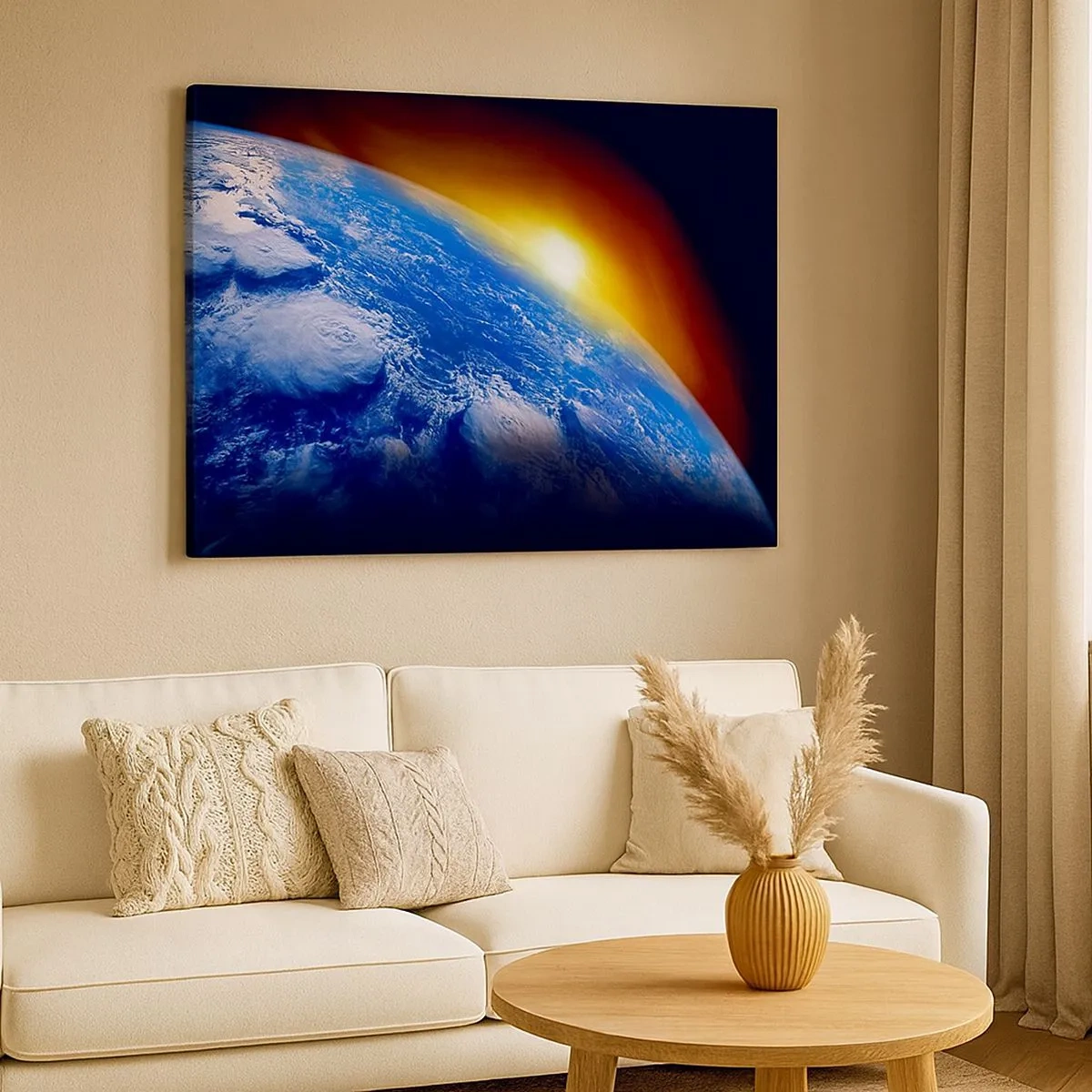 Obraz na plátně - Pohled na Zemi z vesmíru při západu slunce - 70x50cm - Východ slunce nad modrou planetou - Moderní nástěnná dekorace do obývacího pokoje a ložnice ARTTOR
