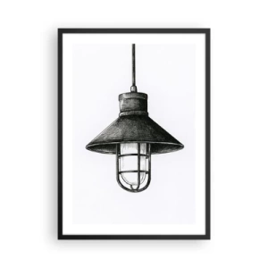 Plakát v černém rámu - Náčrt průmyslové závěsné lampy - 50x70cm - Jako před lety… - Moderní nástěnná dekorace do obývacího pokoje a ložnice ARTTOR