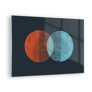 Obraz na skle - Dvě protínající se barevné planety s geometrickým vzorem - 70x50cm - Astronomická fantazie - Moderní nástěnná dekorace do obývacího pokoje a ložnice ARTTOR