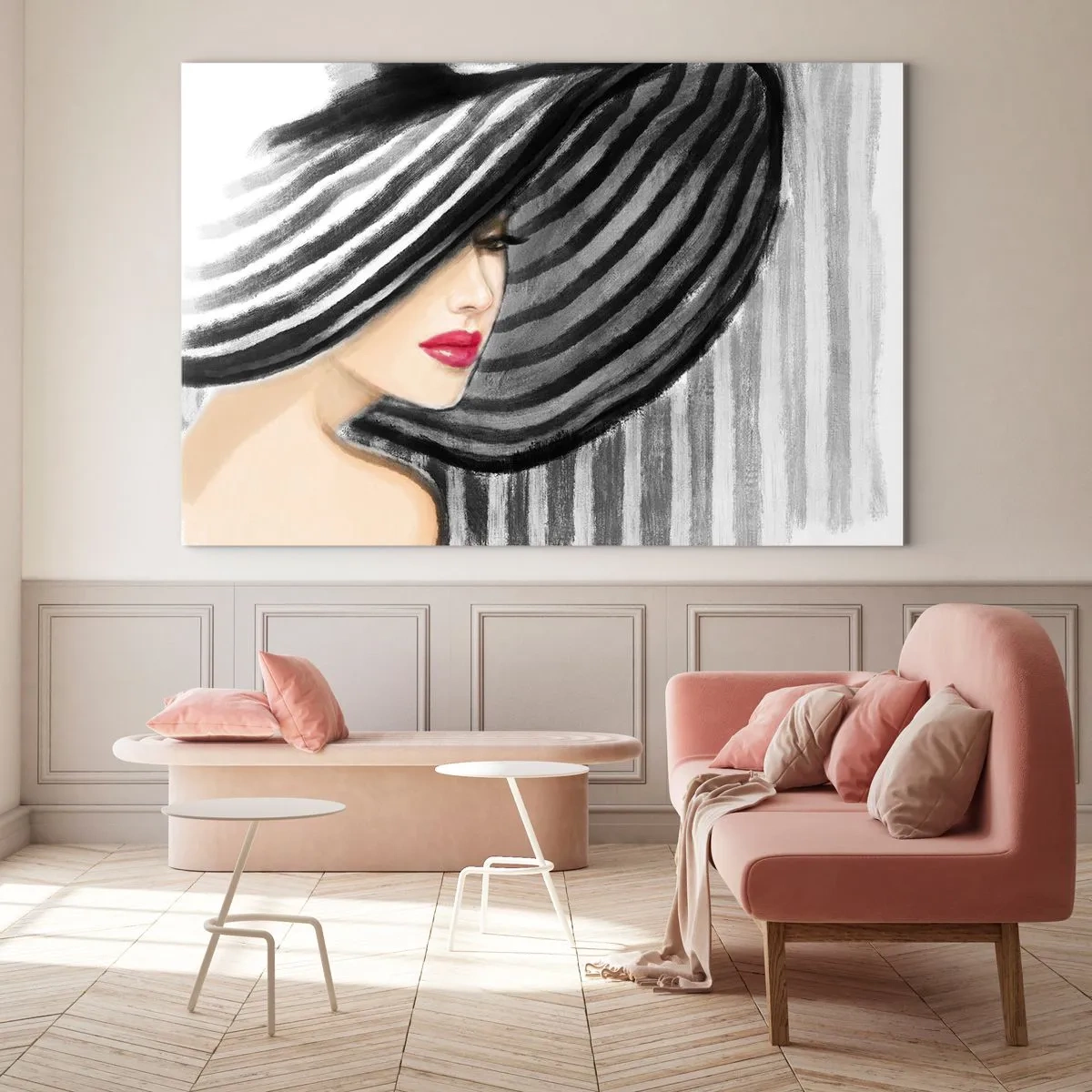 Obraz na skle - Stylová žena v černém a bílém pruhovaném klobouku - 70x50cm - Kde tě hledat? - Moderní nástěnná dekorace do obývacího pokoje a ložnice ARTTOR
