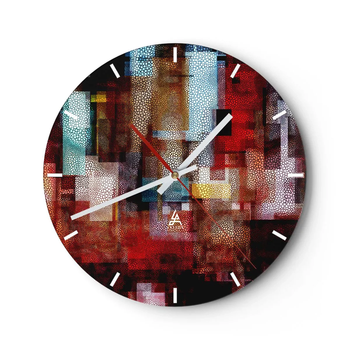 Nástěnné hodiny - Abstraktní kompozice v odstínech červené a zlaté s geometrickým vzorem - 30x30cm - Chaos a zmatek - Moderní nástěnná dekorace do obývacího pokoje, kuchyně a ložnice ARTTOR