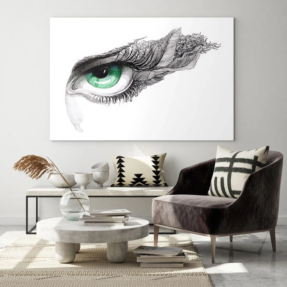 Obraz na skle - Zelené oko s detaily peří a abstraktními vzory - 70x50cm - Krásná a připravená k útoku - Moderní nástěnná dekorace do obývacího pokoje a ložnice ARTTOR