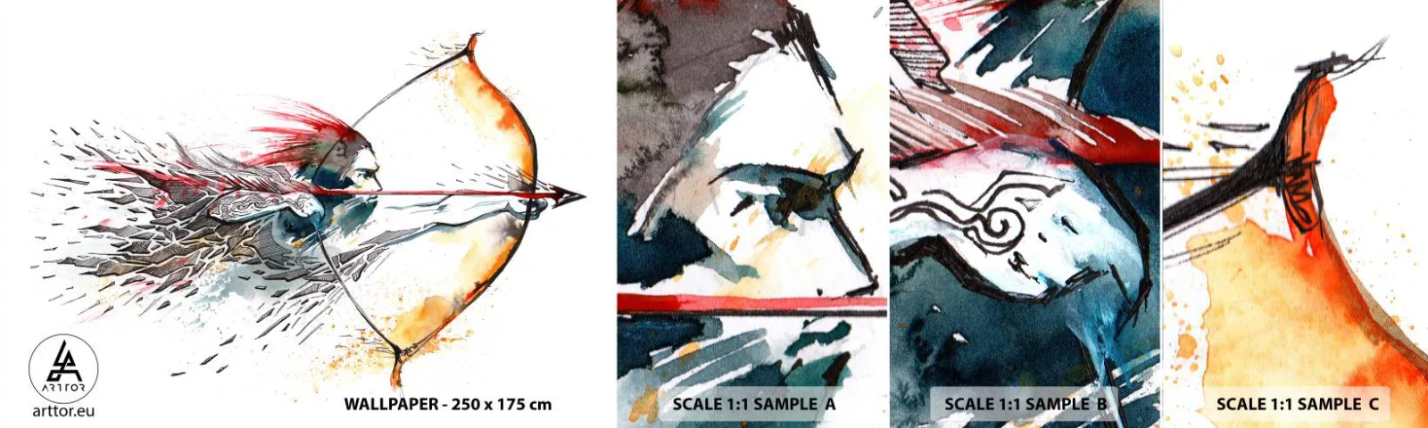 Fototapeta Vzorek Standard Eco - Mytický bojovník s ohnivým lukem - Abstrakce, Střelec, Výstřel z luku - 100x30 cm