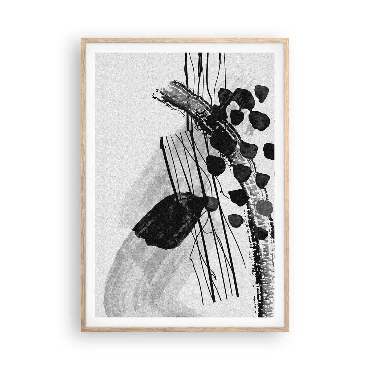 Plakát v rámu světlý dub - Černobílá organická abstrakce - 70x100 cm