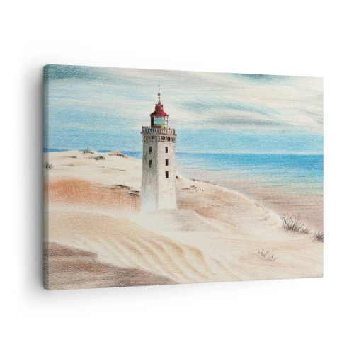 Obraz na plátně - Maják obklopený písečnými dunami a modrou oblohou - 70x50cm - Vždy hledí na moře - Moderní nástěnná dekorace do obývacího pokoje a ložnice ARTTOR