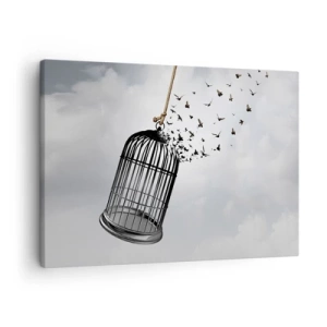 Obraz na plátně - Ptáci létající z klece proti obloze - 70x50cm - Víra… naděje… svoboda! - Moderní nástěnná dekorace do obývacího pokoje a ložnice ARTTOR