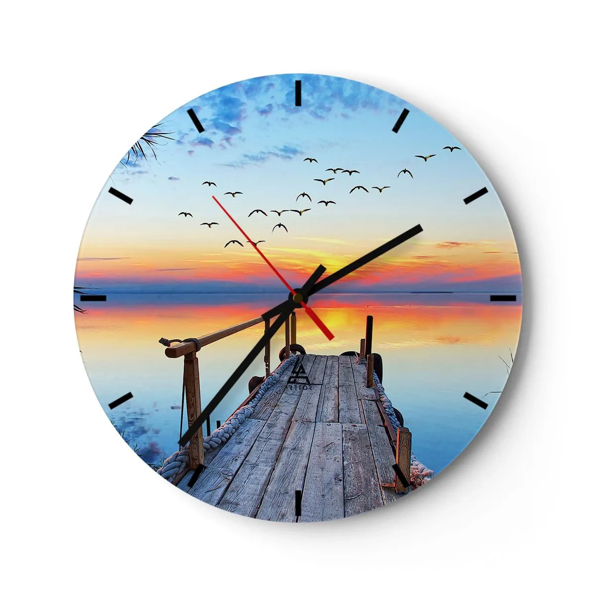 Nástěnné hodiny - Molo na jezeře v paprscích zapadajícího slunce - 30x30cm - Je čas vrátit se… - Moderní nástěnná dekorace do obývacího pokoje, kuchyně a ložnice ARTTOR