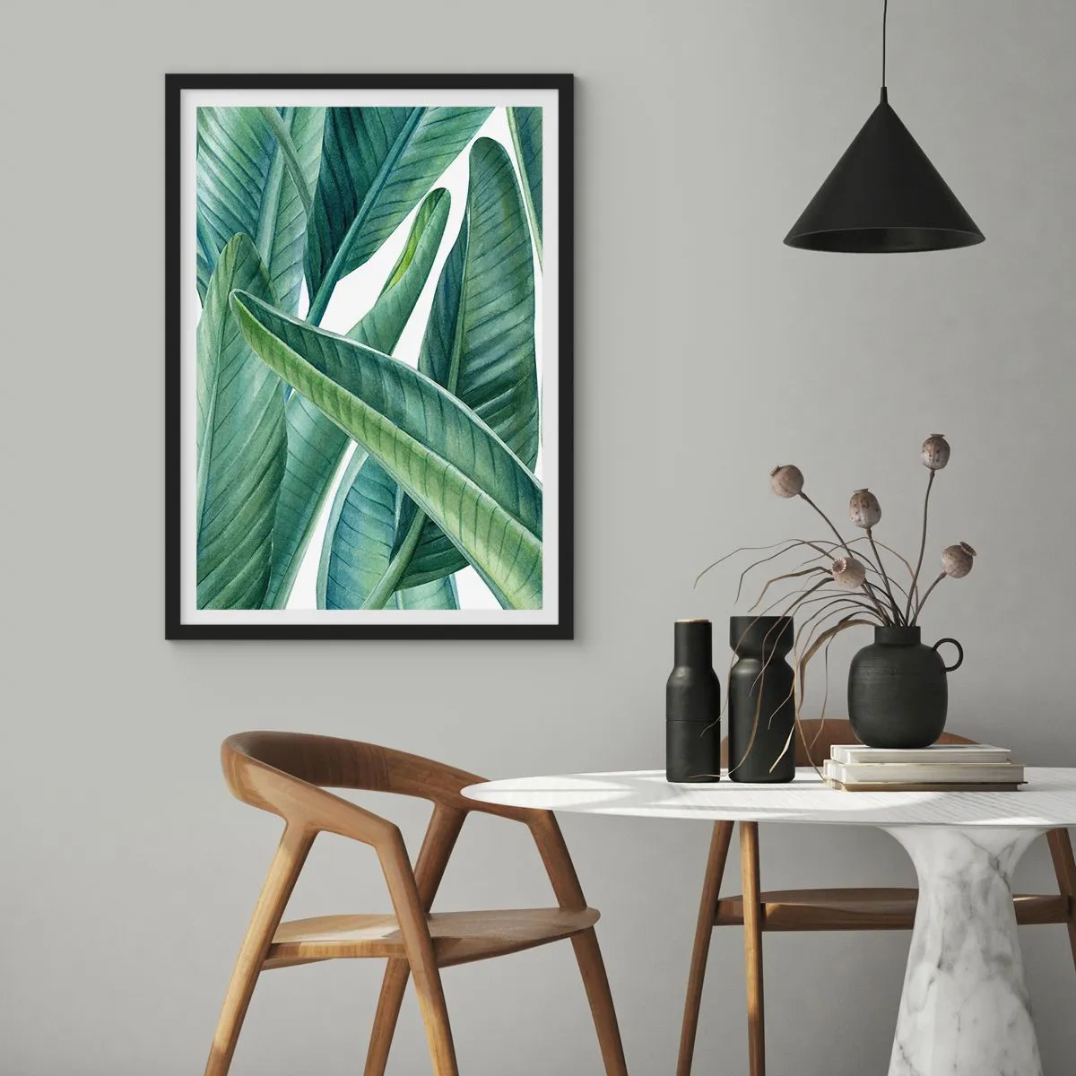 Plakát v černém rámu - Zelené banánové listy ve stylu akvarelu - 50x70cm - Prostě zelená - Moderní nástěnná dekorace do obývacího pokoje a ložnice ARTTOR