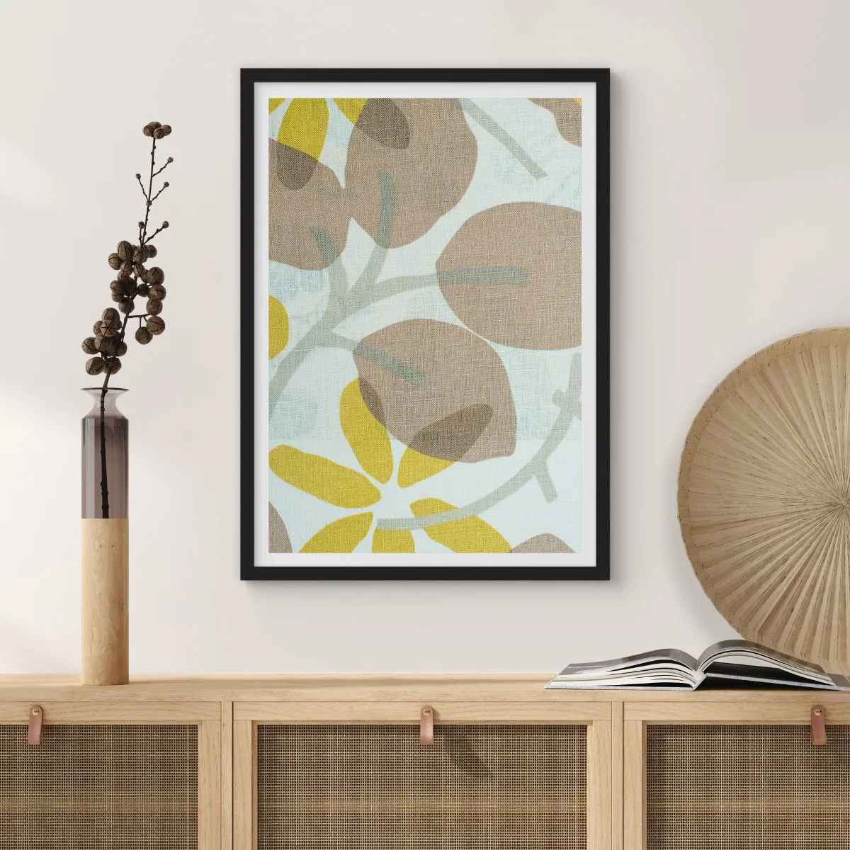 Plakát v černém rámu - Jemná botanická grafika v přírodních barvách - 50x70cm - Kompozice v plném slunci - Moderní nástěnná dekorace do obývacího pokoje a ložnice ARTTOR