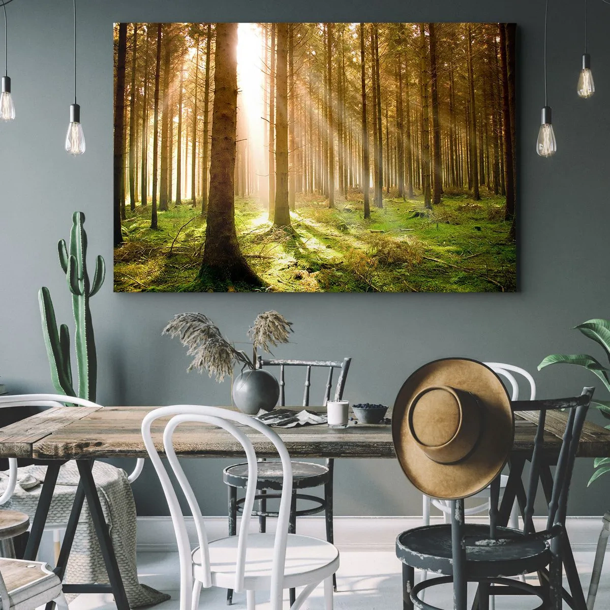 Obraz na plátně - Jehličnatý les se slunečními paprsky prosvítajícími skrz stromy - 70x50cm - Brzy se objeví elfové - Moderní nástěnná dekorace do obývacího pokoje a ložnice ARTTOR