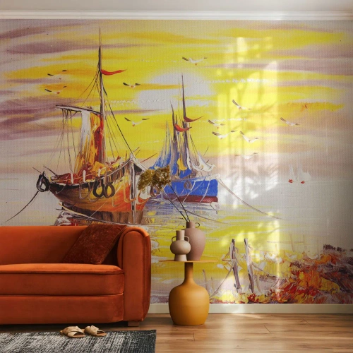 Fototapeta Premium Sand - Zasloužený odpočinek v přístavu - Rybářská loď, Rybolov, Ptactvo - 500x350 cm