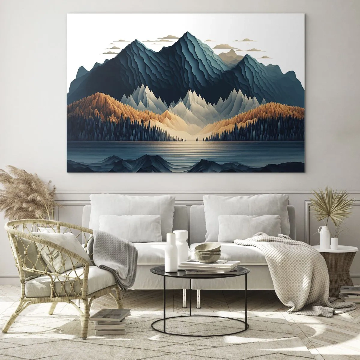 Obraz na skle - Stylizovaná horská krajina s lesem a jezerem - 70x50cm - Dokonalá horská krajina - Moderní nástěnná dekorace do obývacího pokoje a ložnice ARTTOR