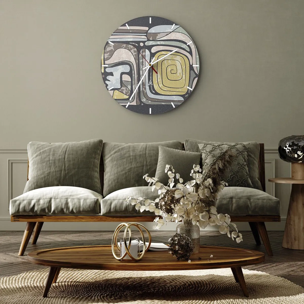 Nástěnné hodiny - Abstraktní tvary se spirálovým motivem v etnickém stylu - 30x30cm - Abstrakce v předkolumbovském duchu - Moderní nástěnná dekorace do obývacího pokoje, kuchyně a ložnice ARTTOR