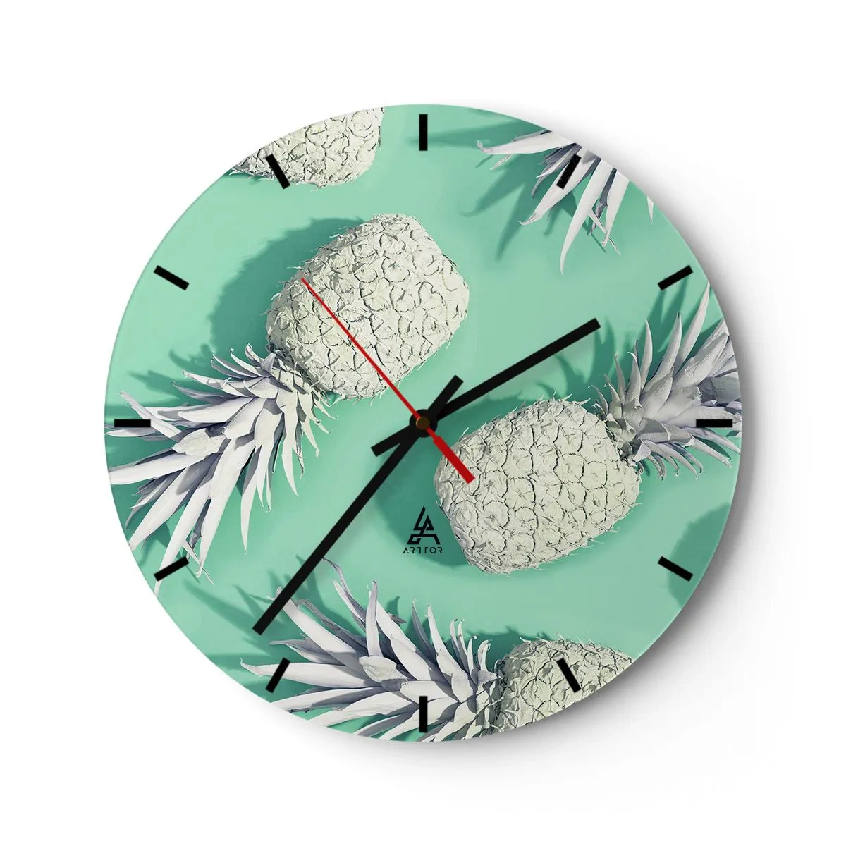 Nástěnné hodiny - Bílé ananasy na mátovém pozadí v minimalistickém stylu - 30x30cm - skvěle ladí s mátou - Moderní nástěnná dekorace do obývacího pokoje, kuchyně a ložnice ARTTOR