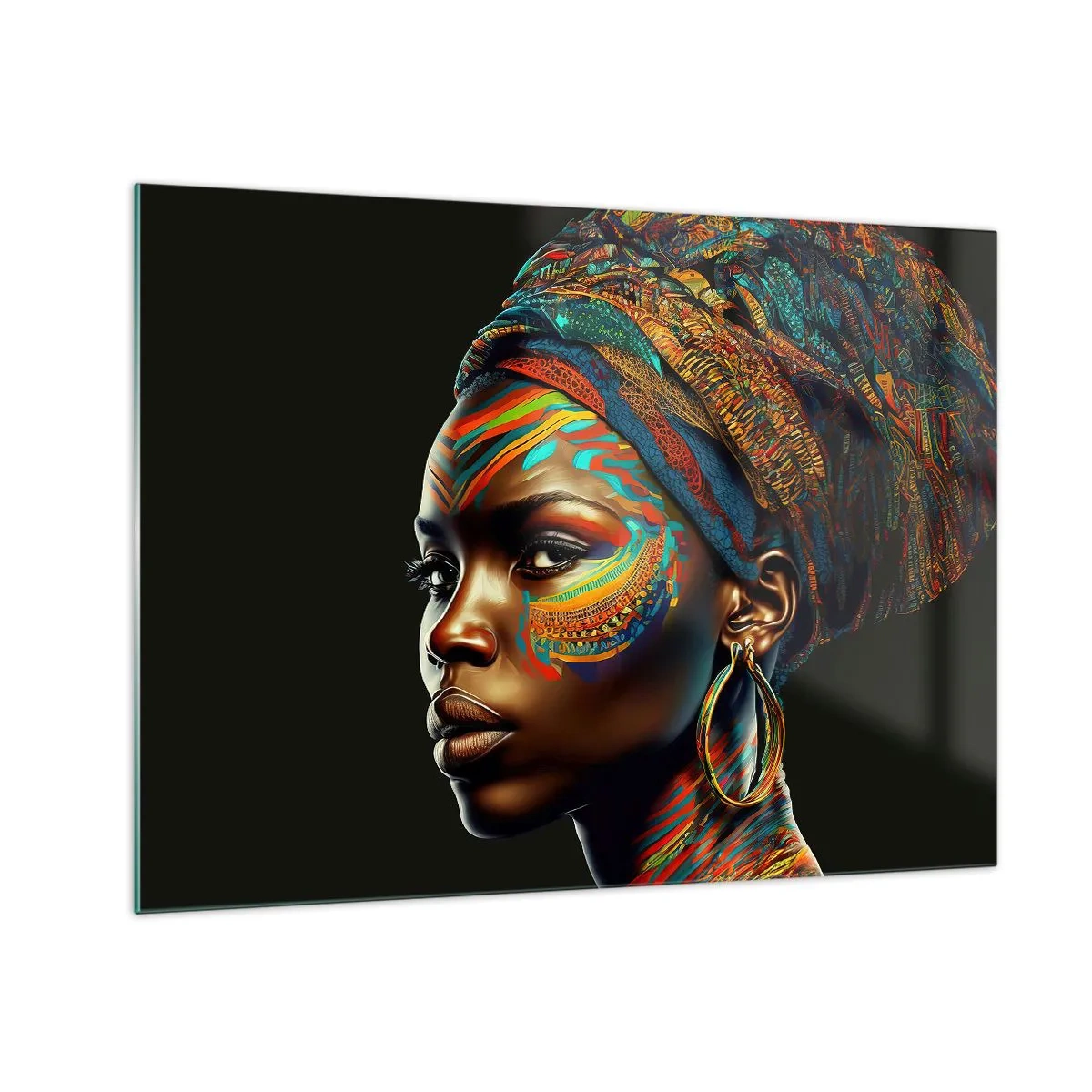 Obraz na skle - Portrét ženy s barevnou malbou a turbanem - 70x50cm - Africká královna - Moderní nástěnná dekorace do obývacího pokoje a ložnice ARTTOR