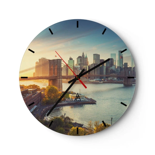 Nástěnné hodiny - Pohled na Brooklynský most a panorama města při západu slunce - 30x30cm - Svítání velkoměsta - Moderní nástěnná dekorace do obývacího pokoje, kuchyně a ložnice ARTTOR