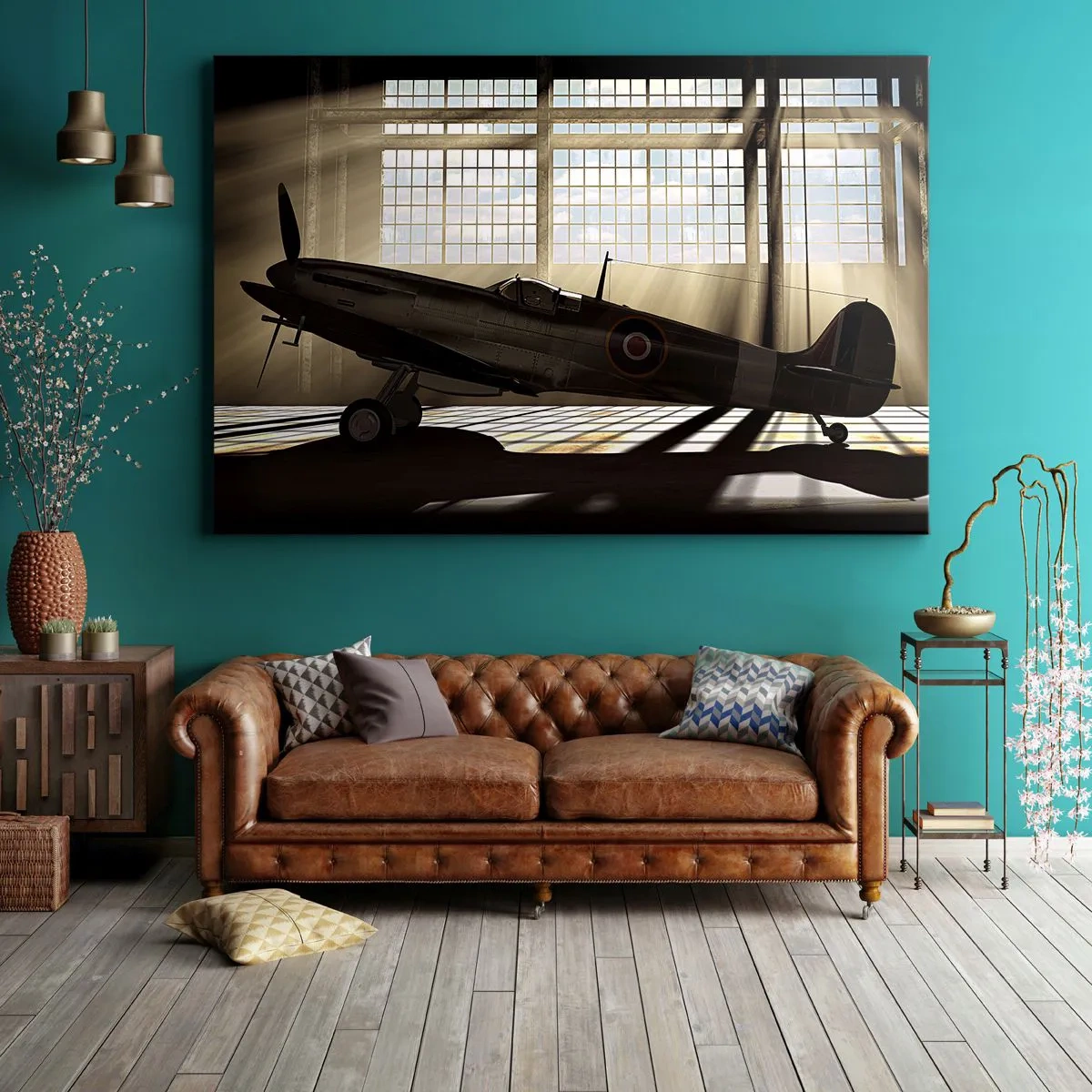 Obraz na plátně - Historické letadlo v hangáru osvětleném slunečním světlem - 70x50cm - Odpočinek bojovníka - Moderní nástěnná dekorace do obývacího pokoje a ložnice ARTTOR