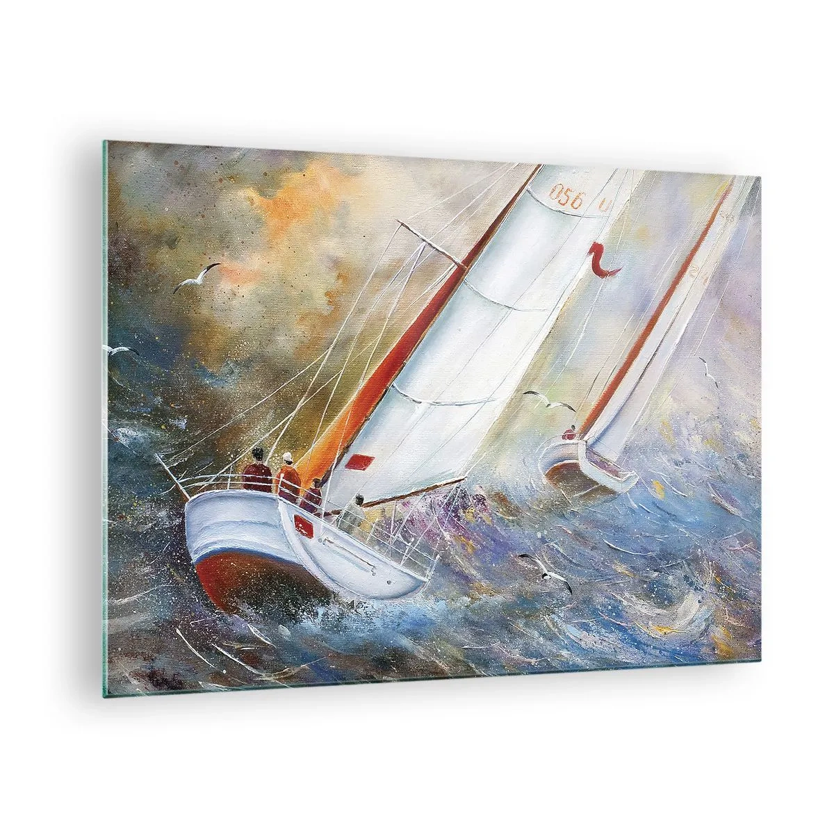 Obraz na skle - Plachetnice v rozbouřeném moři během regaty - 70x50cm - Běžící přes vlny - Moderní nástěnná dekorace do obývacího pokoje a ložnice ARTTOR