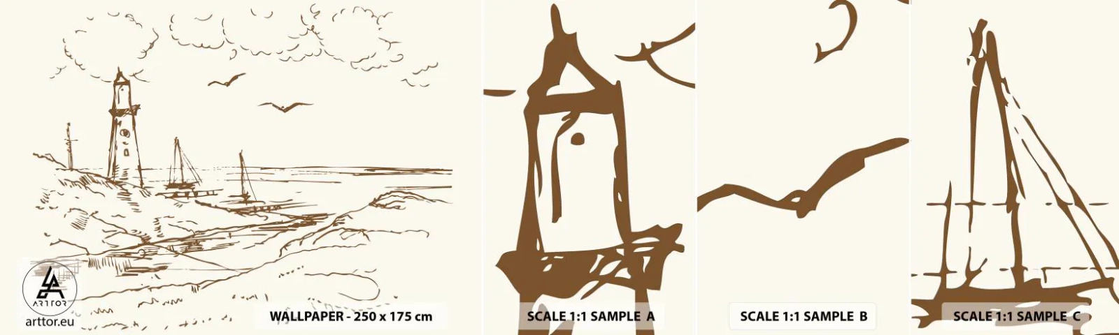 Vzor Fototapety Samolepicí Deluxe Sticker - Náčrt letních vzpomínek - Grafika, Pobřeží, Maják - 100x30 cm