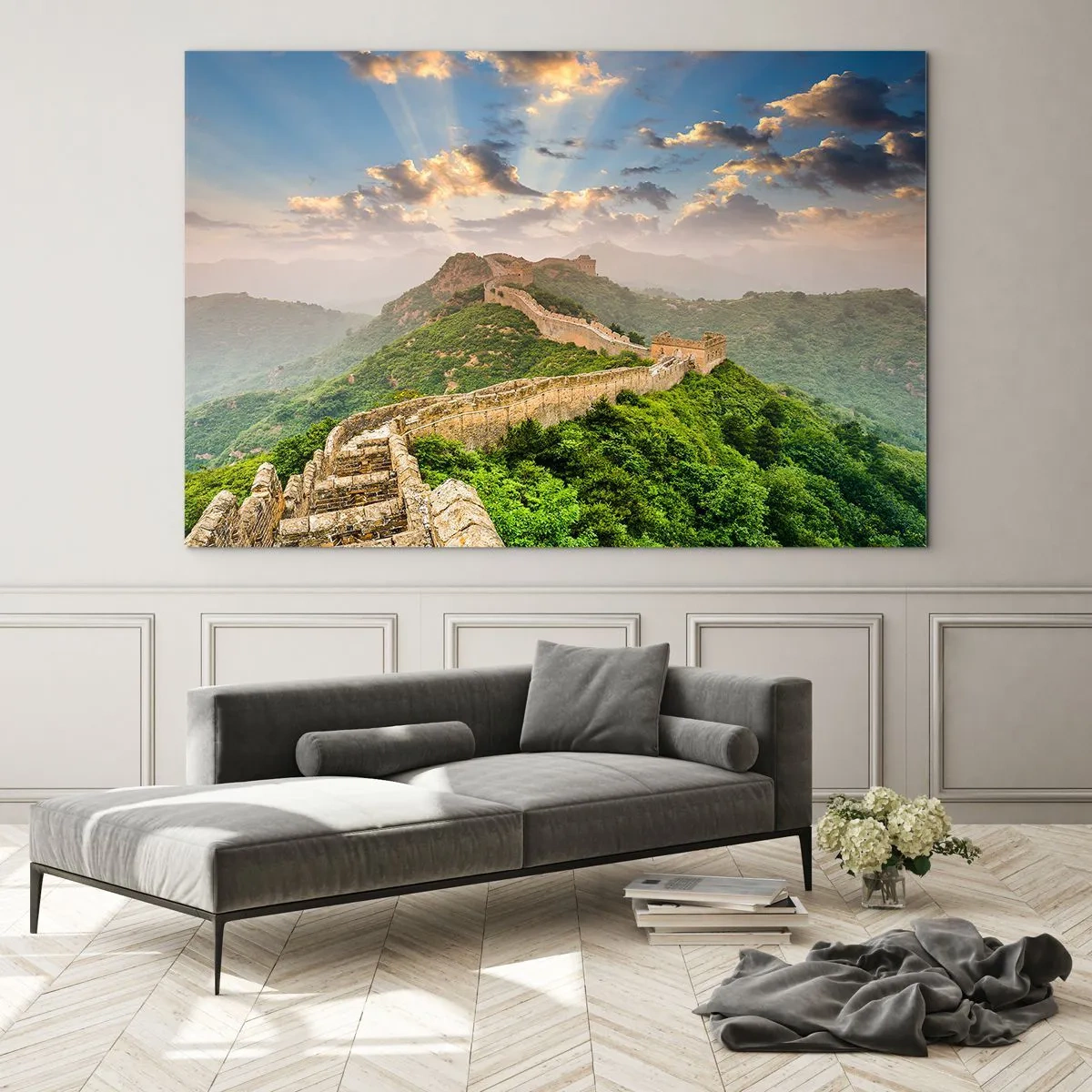 Obraz na skle - Velká čínská zeď v hornaté krajině - 70x50cm - Nepomíjející velikost - Moderní nástěnná dekorace do obývacího pokoje a ložnice ARTTOR