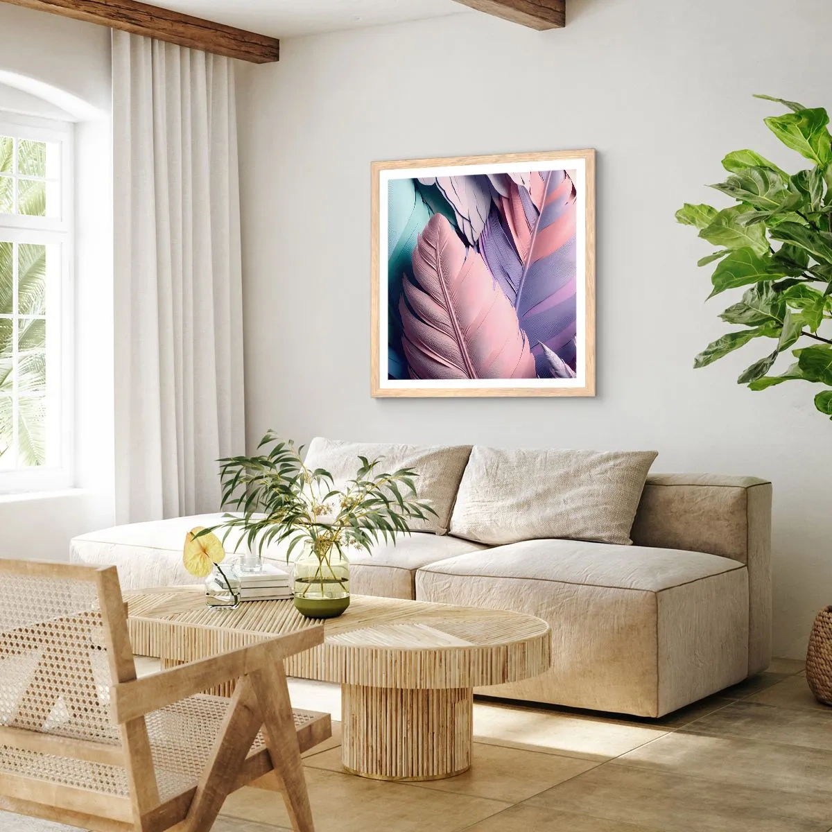 Plakát v rámu světlý dub - Ptačí styl - 60x60 cm